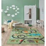 The CarPET Happy Life – Kinderteppich Spielteppich mit Straßen‐Motiv, Dschungel, Tiere & Autos, rutschfest & pflegeleicht, ideal fürs Kinderzimmer, Grün, 240 x 340 cm