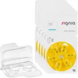 30x Signia Gr. 10 Hörgerätebatterien, 5x6er Blister PR70 Gelb 24610 + EWANTO Aufbewahrungsbox f. 2 Batterien (10, 13, 312, 675), transparente Batteriebox für Knopfzellen < Ø 12 mm x H 6 mm