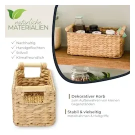 HMF Aufbewahrungskorb Badezimmer, Korb geflochten aus Wasserhyazinthe mit Holzgriffen, 30 x 15 x 13 cm