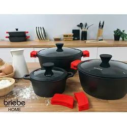 Briebe Black Titanium Kochtopf InduktionTitan, Topf 20cm Gussaluminium, PFOA-Freie, Glasdeckel, Schwarz