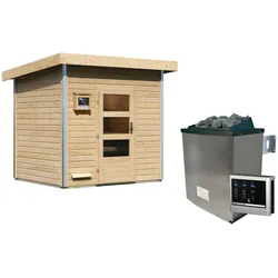 Saunahaus KARIBU "Ralf", beige (naturbelassen), Saunaofen, externe Steuerung, 9 kW, Saunen, moderne Tür, Ofen 9 KW externe Strg easy