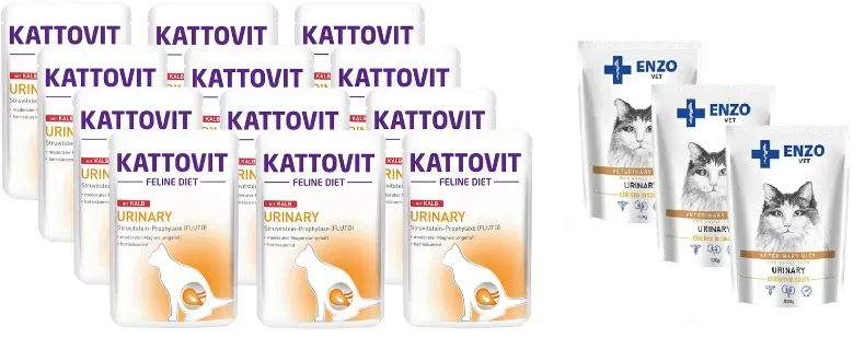 Kattovit Urinary Kalbfleisch 12x85g Beutel + ENZO VET Urinary mit Huhn in Sauce für Katzen 3x100g