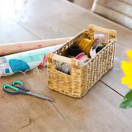 HMF Aufbewahrungskorb Badezimmer Korb geflochten aus Wasserhyazinthe mit Holzgriffen 30 x 15 x 13 cm beige