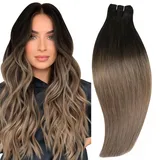RUNATURE Extensions Echthaar Tressen Zum Einnähen Braun 50cm 100g Tressen Echthaar Extensions Ombre Braun Echthaar Tressen Weaving Extensions Glatt #2/6/18