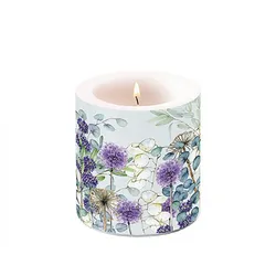 Stumpenkerze Paraffin 7,5x9cm mit Blumen & Blätter Motiv - Tischkerze Blockkerze Zylinderkerze Kerzendeko Frühling Sommer Dekokerze floral Lila Blau