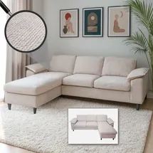 Mendler Sofa-Garnitur HWC-O71, Couch Ecksofa L-Form, Liegefläche links/rechts, Stoff (320 g/m2) Holz 84x229x140cm ~ beige