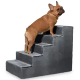 VELORA H&L Hundetreppe 5 Stufen Dunkelgrau - Stabile Holzkonstruktion mit Veloursbezug, rutschfeste Hundetreppe für Sofa und Bett, Haustiertreppe für Hunde und Katzen, Belastbar bis 80 kg