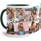 Tasse mit Spruch LOVE zum SELBSTGESTALTEN mit FOTO-COLLAGE für 8 WUNSCHFOTOS - Fototasse personalisiert - Persönliche Geschenkidee für Freunde und Familie - Innen & Henkel Dunkelgrün