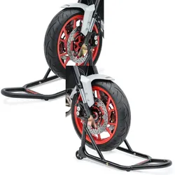 Set: Montageständer Vorderrad Evo-V mit V-Aufnahmen gefedert matt + Montageständer Vorderrad mit gummierten Aufnahmen Motorradheber vorne