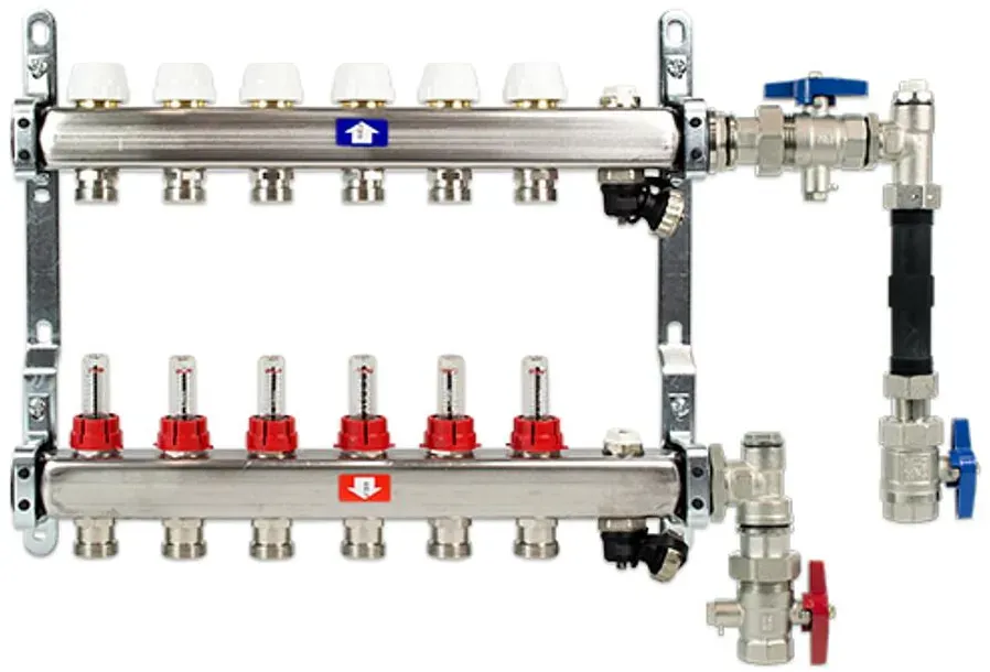 Heizkreisverteiler Komplettset Edelstahl, senkrechte Anschlussgarnitur mit WMZ (Ausführung: 2-Fach. 3/4'' senkrecht mit WZE)