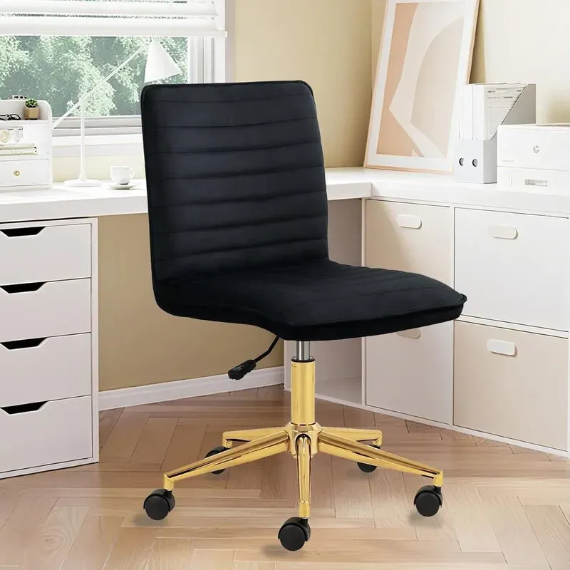 Hellove Toilettentischstuhl mit Rollen, Samt-Drehsessel, Höhe verstellbar mit goldenem Metallfuß, armloser Schminktischstuhl, Hocker mit Rückenlehne für Schlafzimmer, Ankleidezimmer, Schwarz