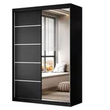 Lukmebel Kleiderschrank Camaro II Plus - Kleiderstange Schrank - Schwebetürenschrank mit Spiegel 150x59x215 cm Schrank Schwarz - Schlafzimmer Möbel - Aluminiumgriffe - Mehrzweckschrank