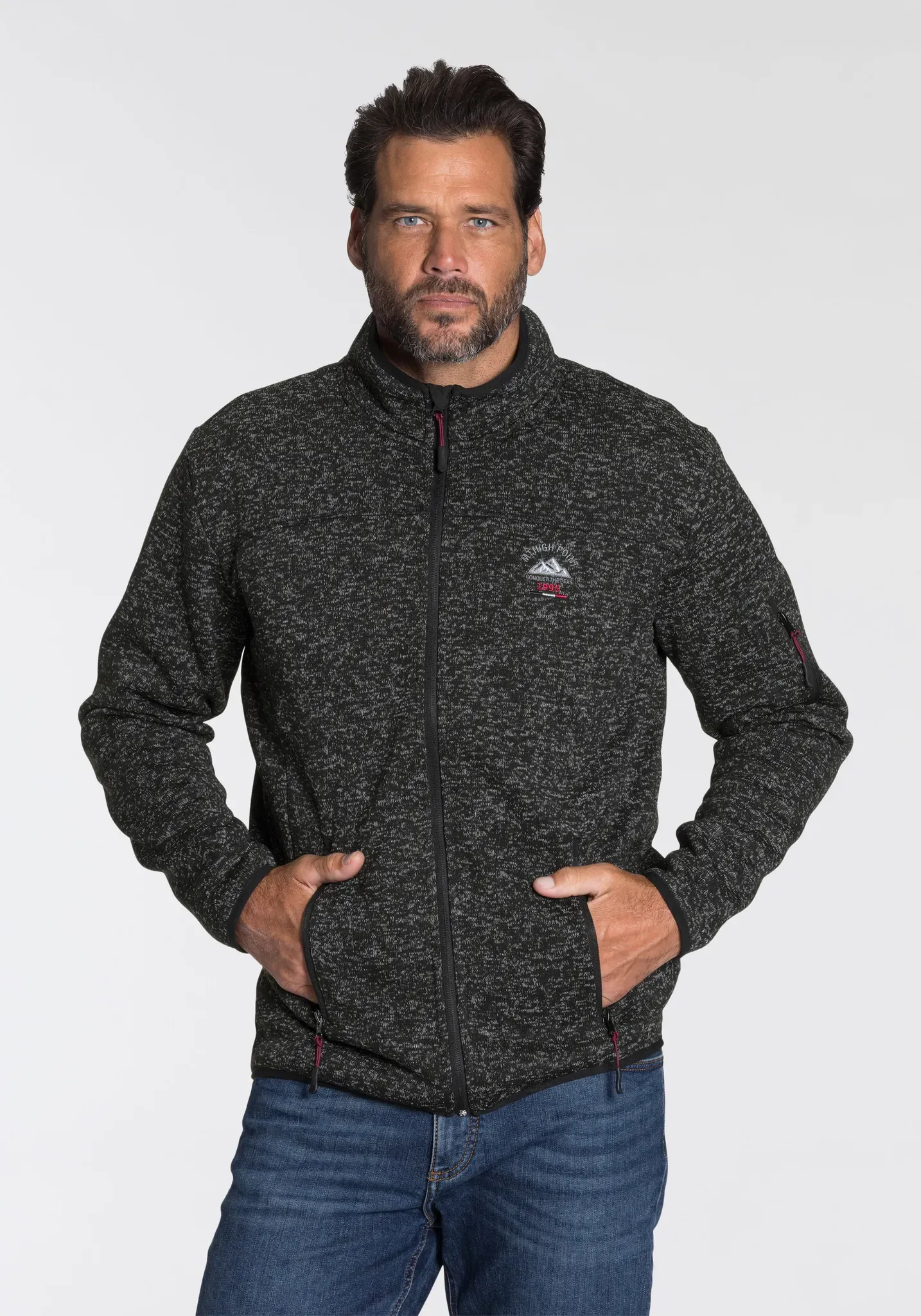 Strickfleecejacke MAN'S WORLD, Herren, Gr. M (48/50), schwarz (schwarz meliert), Obermaterial: 100% Polyester, normal, Jacken, für die Übergangszeit, mit Reißverschlusstaschen, mit Stehkragen