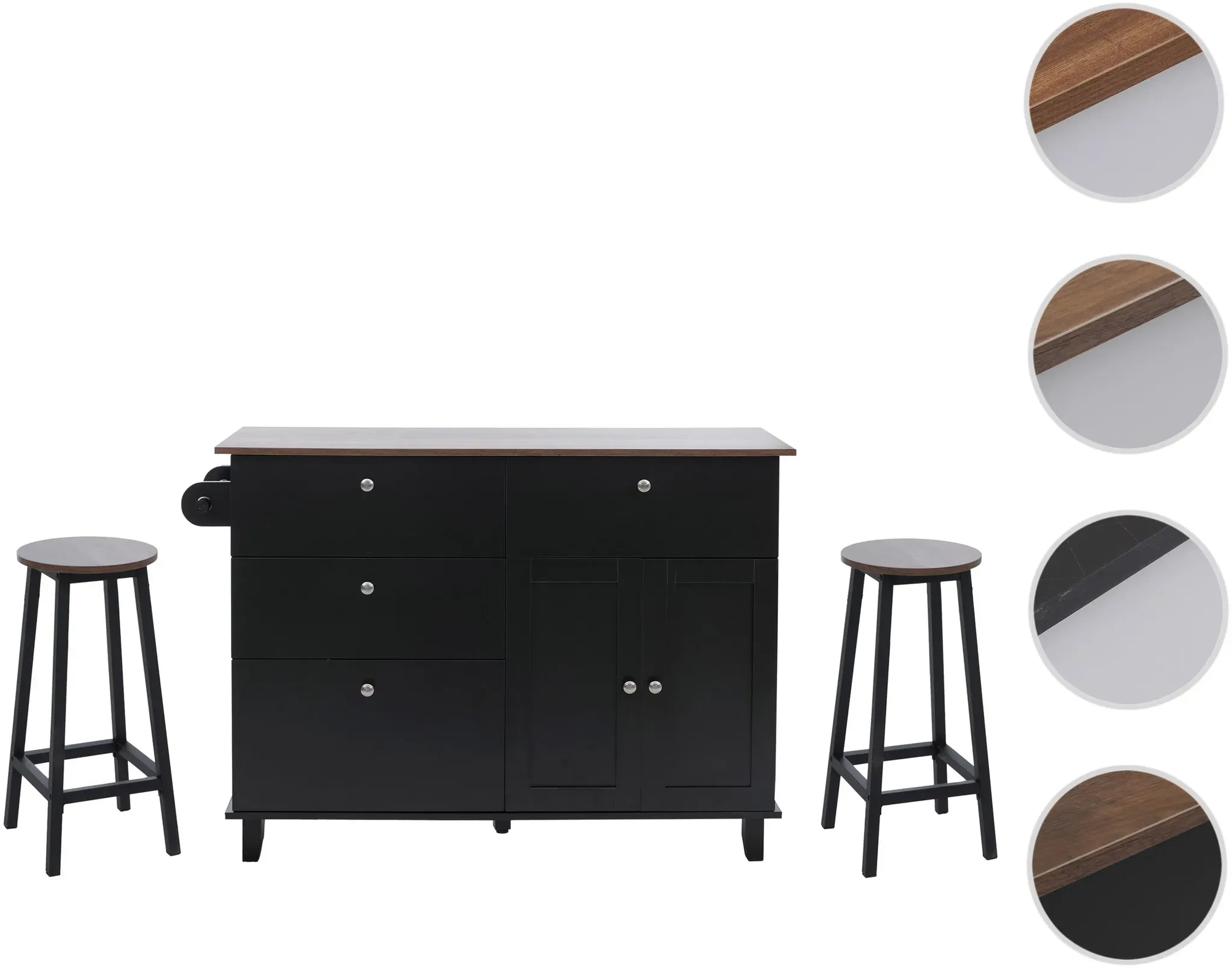 Kücheninsel HWC-P62 mit 2 Sitzhockern, Küchenschrank Schublade Staufächer MDF 90x131x47cm ~ schwarz, dunkles Holz