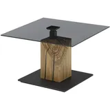 möbelando Couchtisch >BALSTA< quadratisch 70x45-63x70 cm B/H/T, – höhenverstellbar mit Lift, Glasplatte grau, Block aus massiver Eiche mit Resin-Rillen, MDF-Boden, auf Rollen – modern & funktional