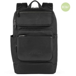 Piquadro Macbeth Laptoprucksack 14" aus Leder und mit recyceltem Stoff Schwarz