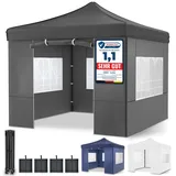 ONBEST Pavillon – 3x3m – Großer Eingang - Wasserdicht – Pop up Gestell – Seitenwänden mit 3x3 Fenstern – Zusätzlich mit Tasche – Faltbarer Outdoor Pavillon Faltpavillon (Grau)