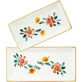 Lashuma 2x Keramikteller eckig, Servierplatte bunt Blütenfest 28x15 cm, Salatteller tief 38x18 cm