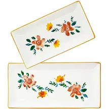 Lashuma 2x Keramikteller eckig, Servierplatte bunt Blütenfest 28x15 cm, Salatteller tief 38x18 cm
