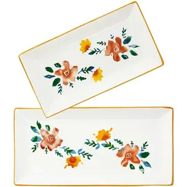 Lashuma 2x Keramikteller eckig, Servierplatte bunt Blütenfest 28x15 cm, Salatteller tief 38x18 cm