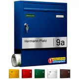 AL Briefkasten Systeme Basic-Line 1er Briefkasten personalisiert mit Namen Schild Straße und Hausnummer - Postkasten Blau modern mit Zeitungsfach - Gravur wetterfest Wandbriefkasten Zaunbriefkasten