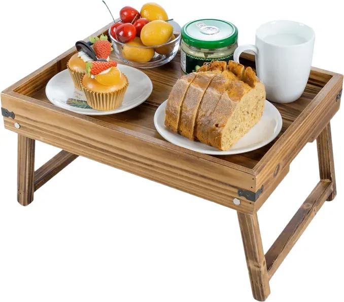 MyGift Serviertablett mit Klappbeinen, Rustikales Braunes Holz Bett-Tablett - Klappbares Frühstücks-, Laptop- und Küchentablett