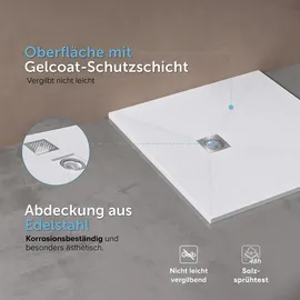 doporro Duschwanne Duschtasse 90x90x3cm aus Mineralguss in Weiß Rechteckig DIN-Anschlüsse für bodenebene Montage geeignet Geoma09