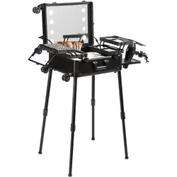 VEVOR Make-up-Koffer mit Schloss, beleuchtetem Spiegel, 4 Ablagefächern, Pinselhalter, Lautsprecher-Reise-Kosmetik-Organizer-Box mit drehbaren Rädern, professioneller, freistehender Studio-Trolley für