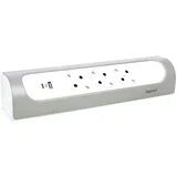 Legrand LEGRAND, Ecksteckdosenleiste, 45°abgewinkelt, 3-fach Steckdose, USB-A- und USB-C-Anschluss, 3000mA - 5,0V -15 W MAX, Wand- und Tischmontage, ohne Kabel, Ultraweiß/Aluminium, 694504