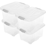 Centi 4er Set Aufbewahrungsbox mit Deckel 30 Liter 4 Stück Plastikbox aus lebensmittelecht Kunststoff mit Clip-Deckeln Stapelbar Transparent, 26 x 49 x 39 cm EU