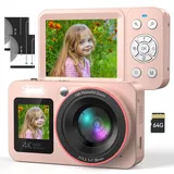4K Digitalkamera 64MP FHD Fotokamera für Kinder Fotokamera Kompaktkamera 18X Digitalzoom Fotoapparat mit Zwei Bildschirme, 64G SD Karte für Kinder Teenager Anfänger, Rosa
