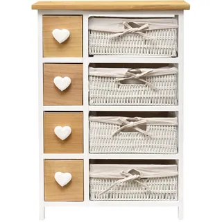 Rebecca Mobili Mehrzweckschrank aus Hoz Weidenkörbe, Badkommode Vintage, mit 8 Schubladen, Weiß, Griff Herzform – Maße: 71 x 51 x P 30 cm (HxLxB) - Art. RE4356
