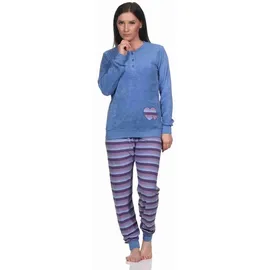 normann Wunderschöner Damen Frottee Schlafanzug mit Bündchen und Herz-Motiv - auch in Übergrössen, Farbe:blau, Größe:40-42 - 40-42
