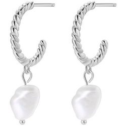Hey Happiness Paar Creolen Silber 925 Damen Creolen Perle gedreht, 18K Vergoldet, Silber Perle Ohrringe hängend, Brautschmuck silberfarben