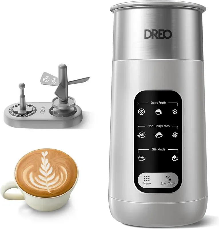 Dreo 8-in-1 Elektrischer Milchaufschäumer, 270 ml, für Latte Art Kaffee, heißen & kalten Milchschaum, mit automatischer Heizfunktion für Milch und pflanzliche Milch, LED, Anti-Verbrühung, leicht zu reinigen