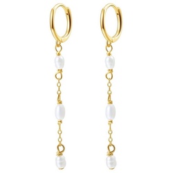 Hey Happiness Paar Ohrhänger Dreifache Perlen, Silber Creolen 18K vergoldet, Damen Tropfen Ohrringe 925 Silber hängend, Brautschmuck goldfarben