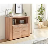 Home Affaire Kommode HOME AFFAIRE "Celle,90cm breit,35 cm tief, Fronten Massivholz", beige (kernbuche teilmassiv, kernbuchefarben), B:90cm H:80cm T:35cm, Holz teilmassiv, Sideboards, Kommode, Holz massiv, Holzwerkstoff, Metall Griffe,3 breite Fächer