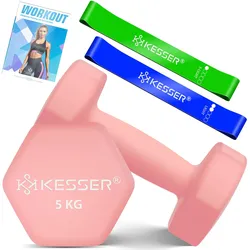 KESSER® Hanteln Hantelset 2er Set  2kg - 5kg farbig, Kurzhanteln  Neopren, Hexagon, Krafttraining, Workout, Fitnesstraining, für Zuhause Mit Übungsheft, 2x Fitnessbänder