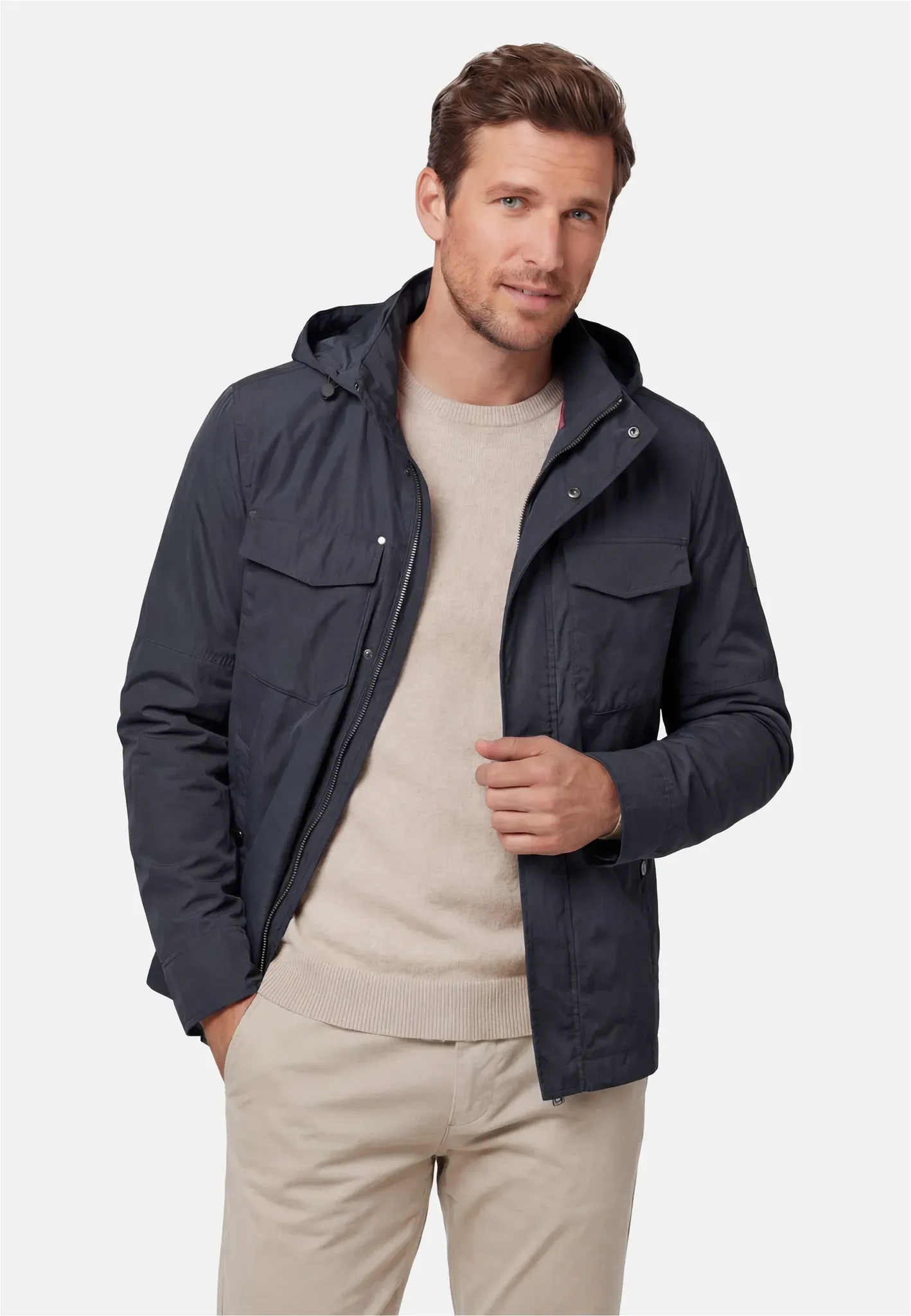 Outdoorjacke NEW CANADIAN, Herren, Gr. 31, grau (dunkelblau), 100% Polyester, unifarben, normal, ohne Ausschnitt, Jacken Outdoorjacke, mit Kapuze und verstellbarem Kragen