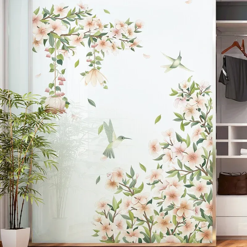 Wandtattoos Aquarellblumen abnehmbar Frühlingsblumen Schmetterling Vogel Wandsticker Mädchenzimmer Wohnzimmer Kinderzimmer Wanddekoration Rosa blühender Baum