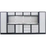 Kraftwerk 6-Element-Schrankwand mit Vierkantlochwand Länge 3920 mm INOX-Arbeitsplatte