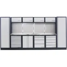 Kraftwerk 6-Element-Schrankwand mit Vierkantlochwand Länge 3920 mm INOX-Arbeitsplatte