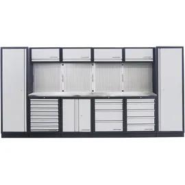 Kraftwerk 6-Element-Schrankwand mit Vierkantlochwand Länge 3920 mm INOX-Arbeitsplatte