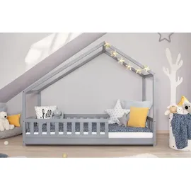 TICAA TiCAA Hausbett Bodenbett wandelbar mit asymmetrischem Dach "Lou" 90/100/120/140x200 cm für Jungen & Mädchen, inkl. Rolllattenrost & Rausfallschutz, Montessori Bett aus Kiefer Massivholz