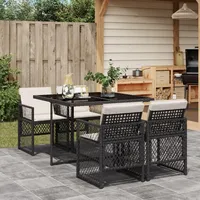 IKAYAA Polyrattan Gartenmöbel Set für 4 Personen, Garten Sitzgruppe, Essgruppe, Gartengarnitur, Rattan Sitzgarnitur, Gartentisch mit 4 Stühle & Kissen Schwarz und Creme