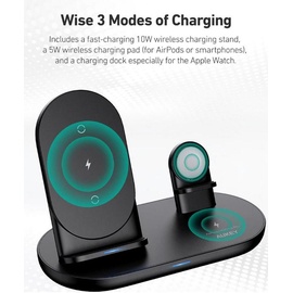 Aukey LC-A3-Bla Aircore Series 3-in-1 Wireless Charging Dock (Kabellose Qi Ladestation)