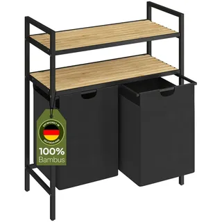 steelsøn Rigil Wäschesammler 2 Fächer – Wäschekorb mit 2 Bambus Ablagen – 2x 45 L Wäscheboxen in schwarz – Metall Wäschesortierer – ausziehbare & herausnehmbare Wäschesäcke – Schmutzwäschebehälter