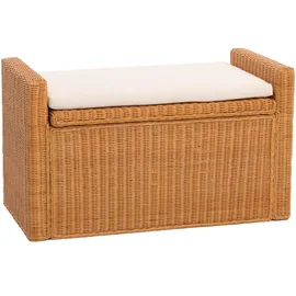 MCW Aufbewahrungstruhe Genua, Truhe Sitzbank Garderobenbank, Kissen Kubu Rattan 88cm ~ honigfarben