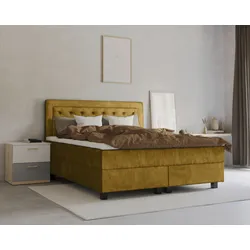 Boxspringbett LEONIQUE "Jeanne", gelb (mustard), B:141cm L:208cm, 100% Polyester, Komplettbetten, Boxspringbett, inkl. Topper mit Taschen-Federkernmatratze