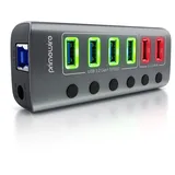 Primewire - USB 3.2 Gen.1 6 Port Hub aktiv schaltbar - mit Netzteil - 4 x USB 3.2 Gen1, 2X USB 3.0 mit smart Charge (Ladeports) - Alugehäuse grau